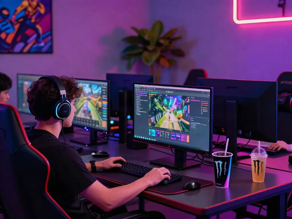 Engaged gamer at a stylish online gaming setup featuring akunjp-themed decor.