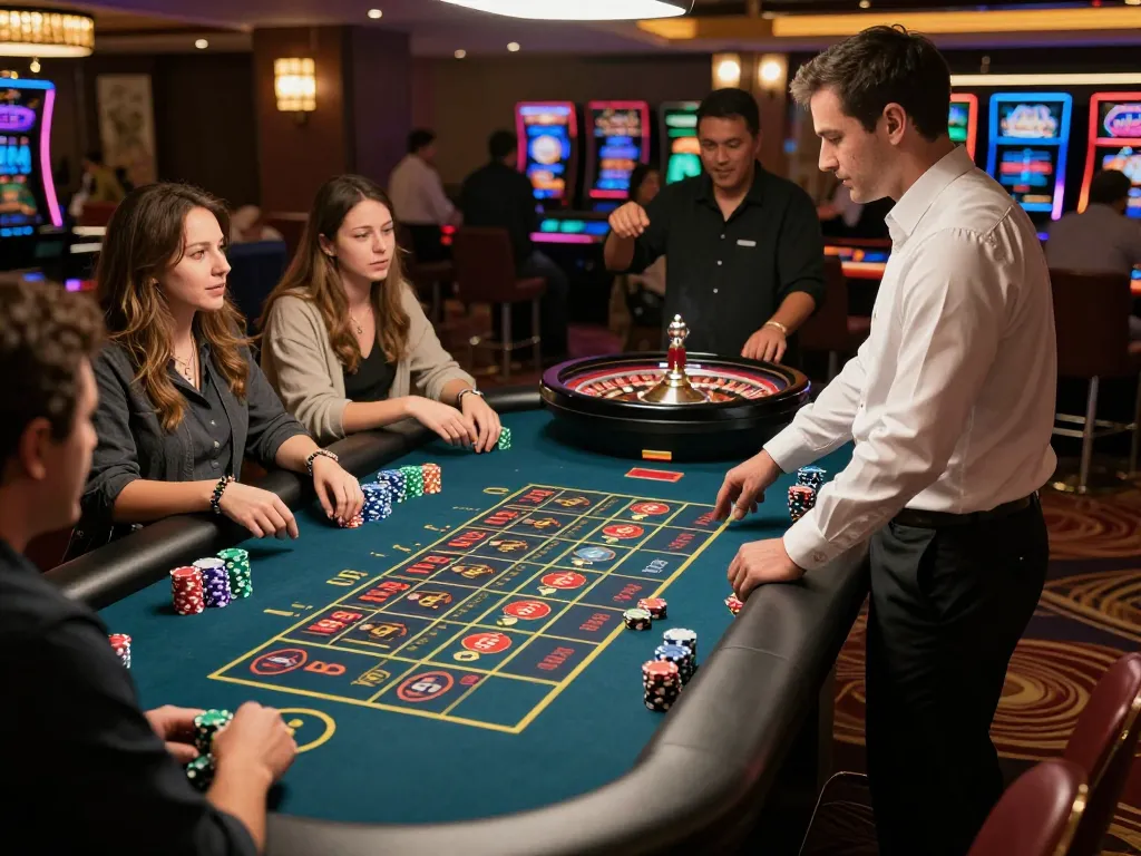 Players placing bets at Planet88 roulette table, excitement and vibrant casino atmosphere