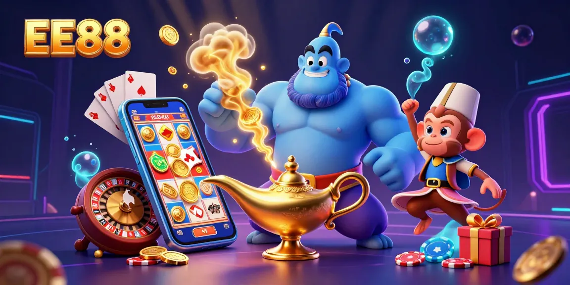 Spin the reels of fun and excitement at EE88 with a genie, poker chips, and magical casino elements.