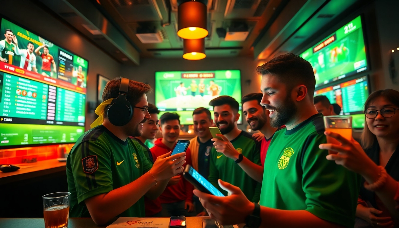 Engaged football fans using keonhacai.gold for live betting in a vibrant sports bar.