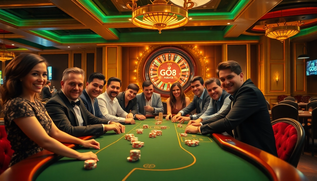 Gamblers engage at a GO8 poker table, surrounded by luxurious casino elements, showcasing excitement.