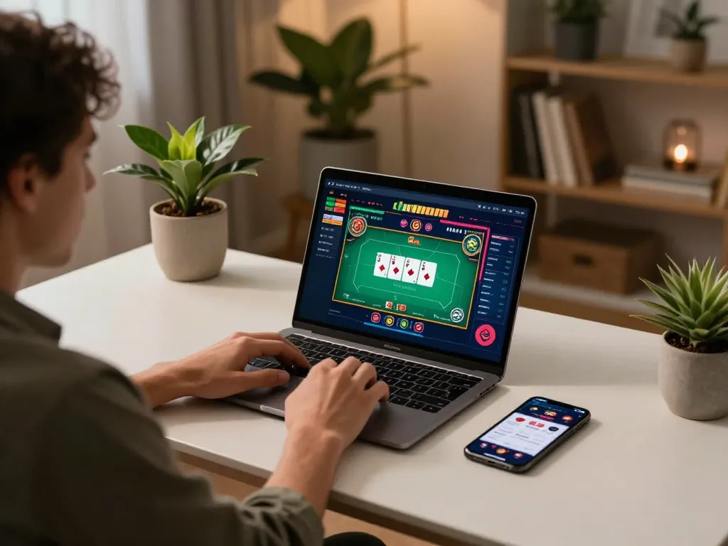 Engaging with mpoid through online poker strategy on a sleek desk setup