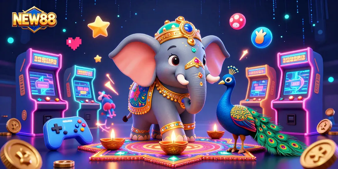 Jubilantly engage with NEW88's dynamic online casino atmosphere, featuring vibrant characters and game elements.