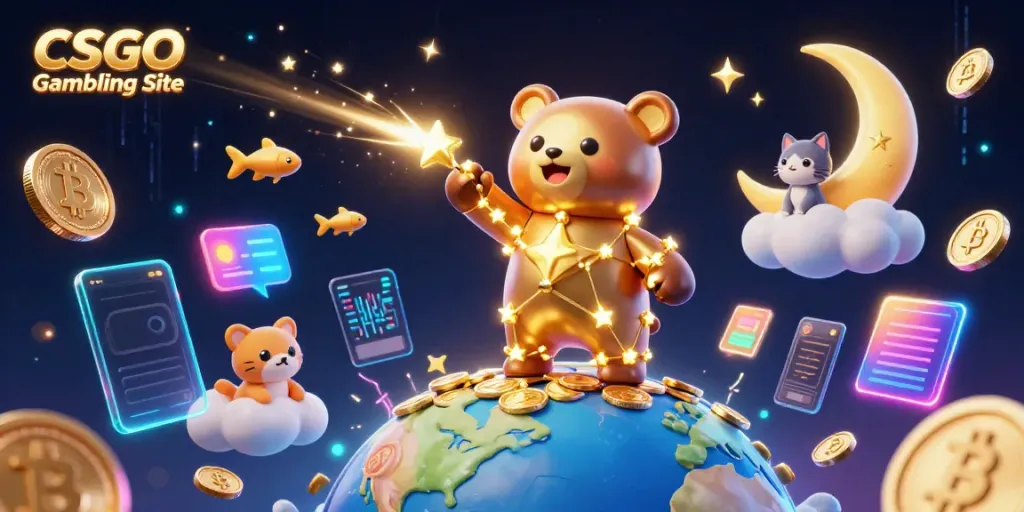 Engaging CSGO Gambling Site illustration with golden constellation bear and cosmic elements.