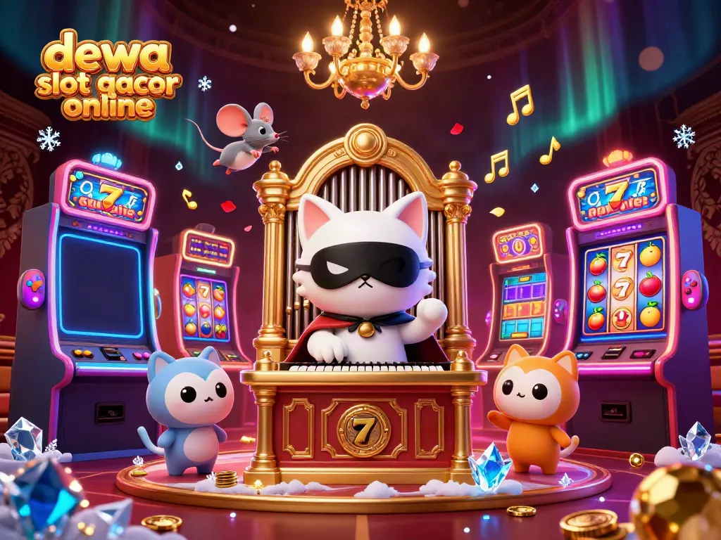 Mengalami dewa slot gacor online dengan kucing putih dan mesin slot berwarna di latar belakang yang menakjubkan.