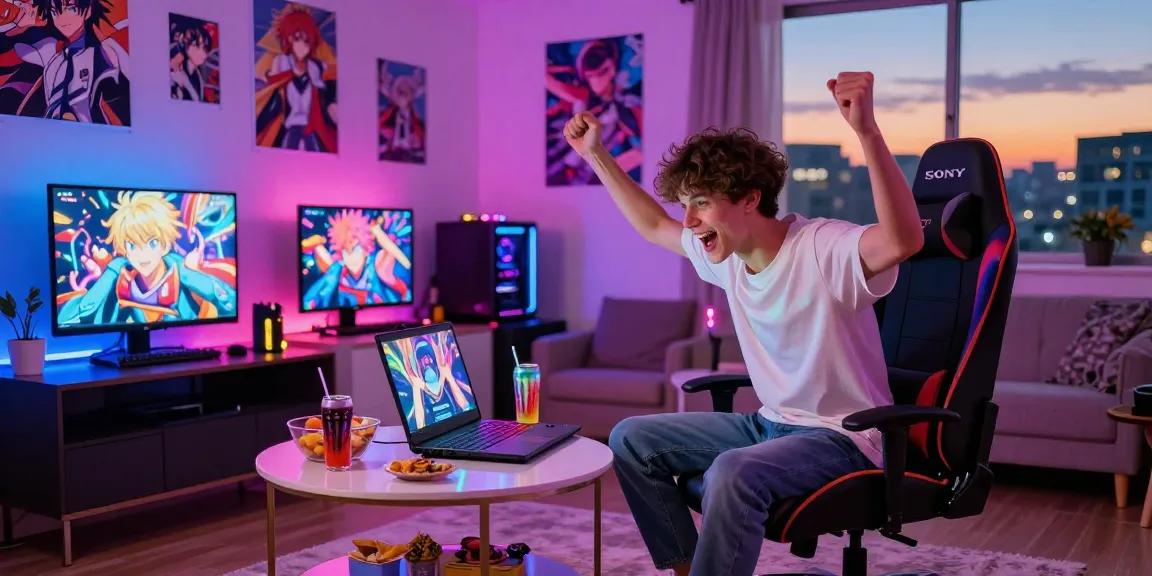Immersive gaming scene featuring a young man playing a gay ecchi game in a colorful, inviting room.