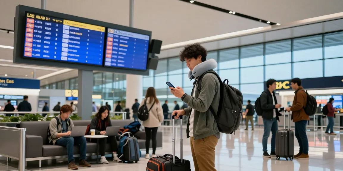Traveler at airport checking flight status for AA 88 amidst bustling terminal activity with bright lighting.