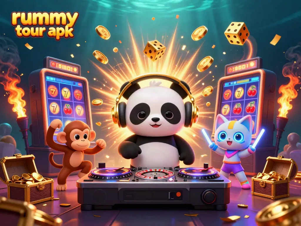Mengunduh rummy tour apk sambil merayakan kemenangan dengan panda DJ, monyet, dan anak kucing di kasino virtual.
