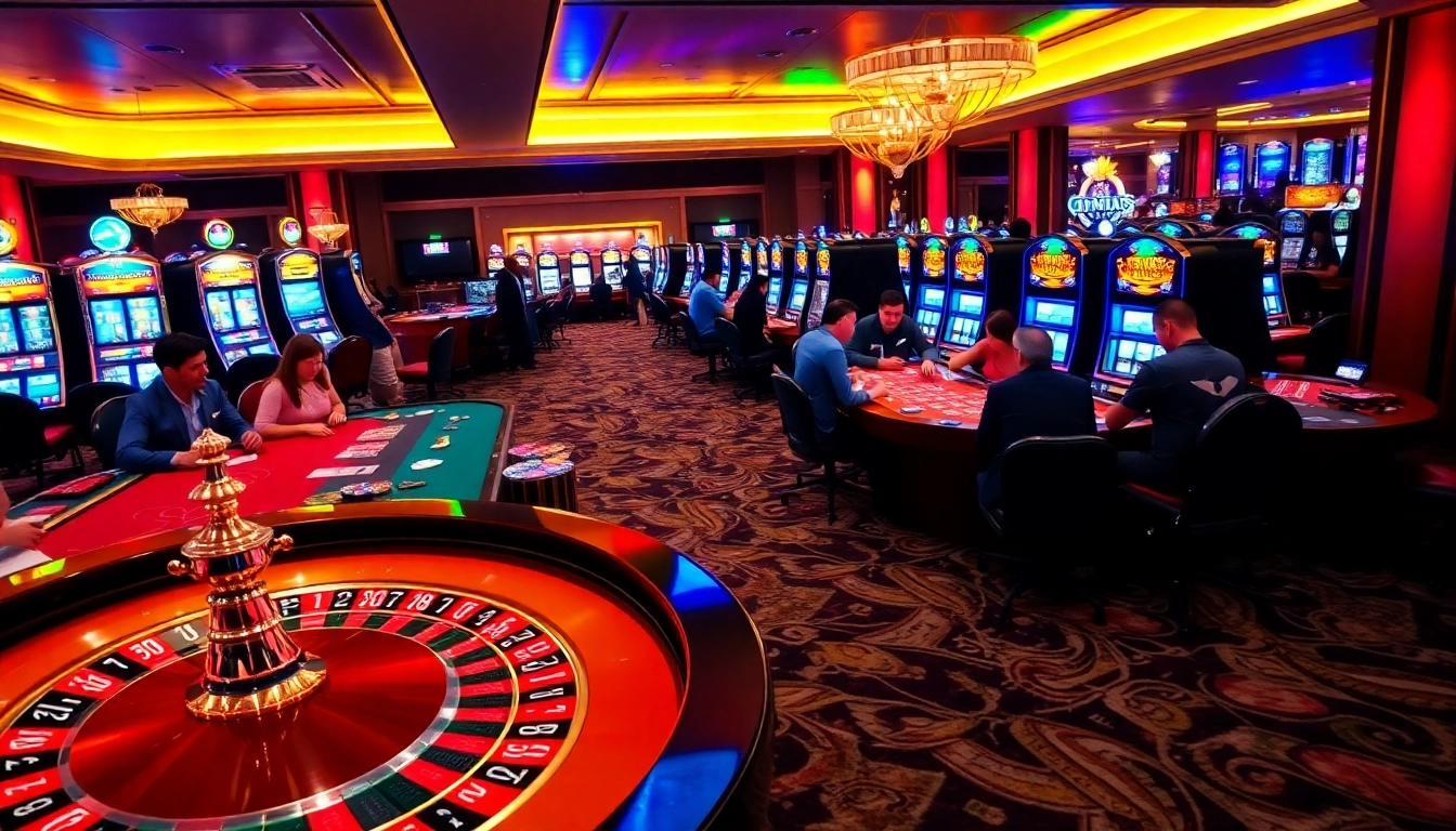 Experience the excitement of dn88 casino with players at the roulette table and flashing slot machines.