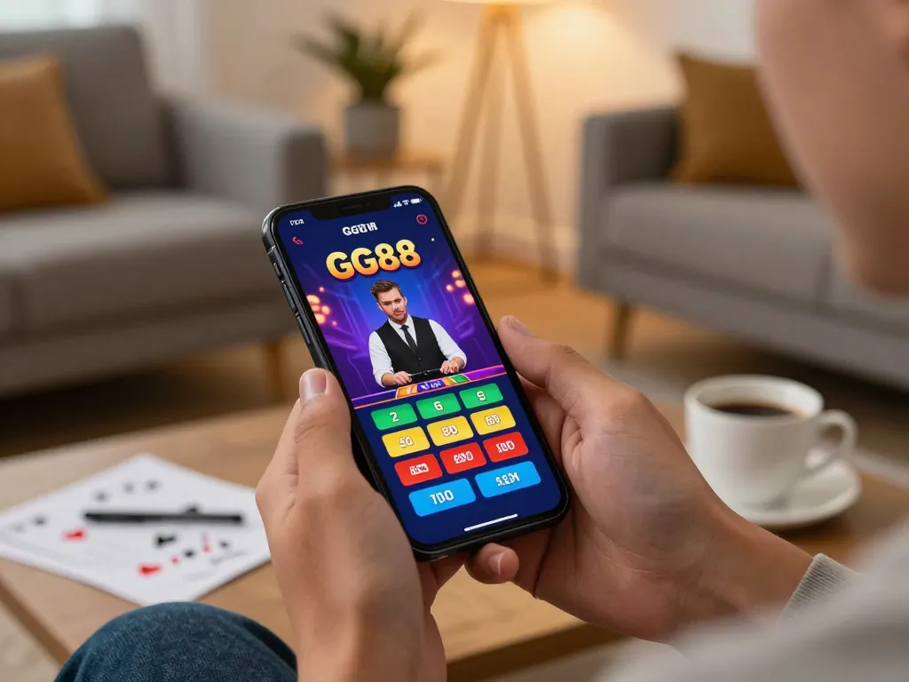 Engaging in GG88 live casino gaming on smartphone, exciting atmosphere of online play.