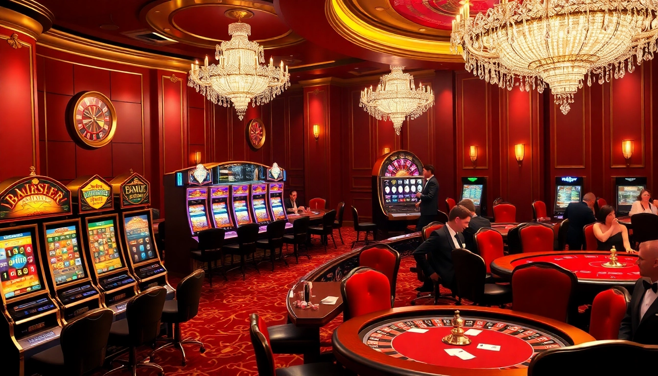 A thrilling gambling scene featuring slot machines and poker tables at https://onew88.com/, exuding luxury and excitement.