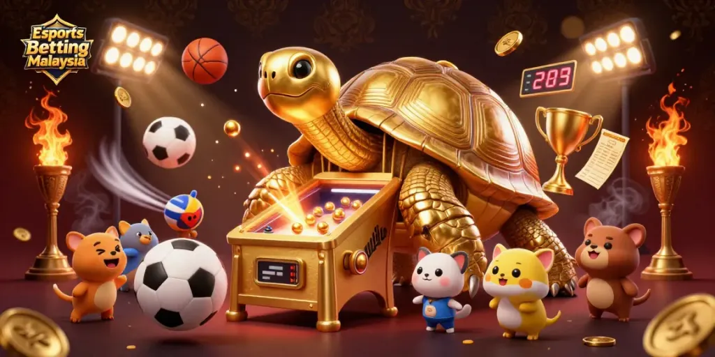 Engage in Esports Betting Malaysia with dynamic cartoon tortoise game scene filled with sports elements.
