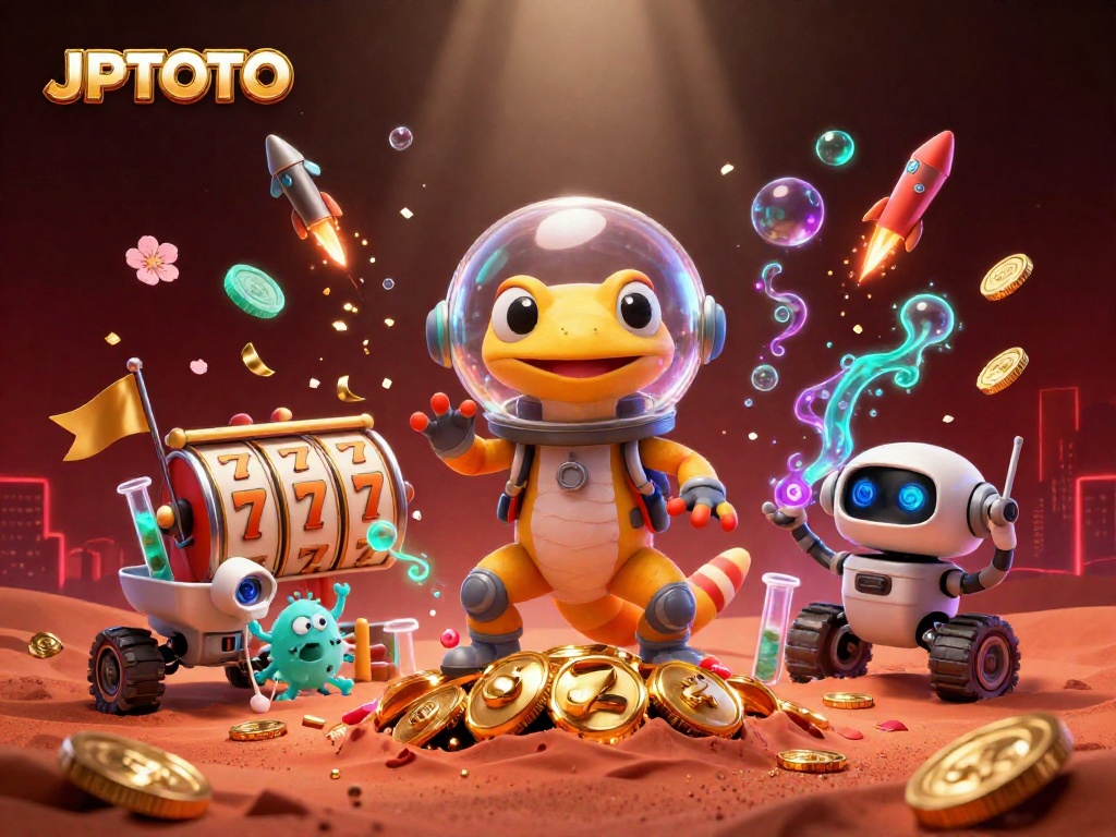 Experience the thrill of JPTOTO with a Martian gecko discovering a golden casino amidst vibrant gaming elements.