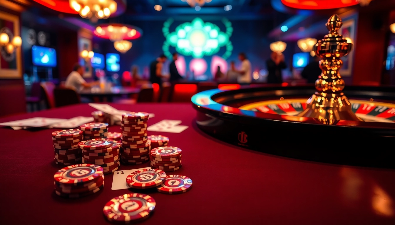 Experience thrilling casino action at https://fnew88.com/ with vibrant poker chips and roulette.