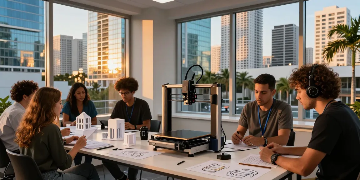 Lingkungan studio 3D printing di https://miami4d.com/ dengan tim kreatif mendesain prototipe di Miami.