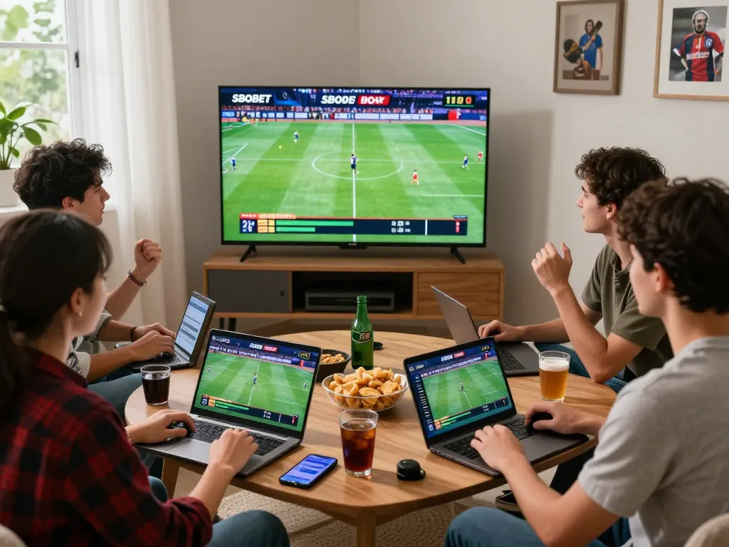 SBOBET sports betting scene with friends enjoying live games and betting on devices