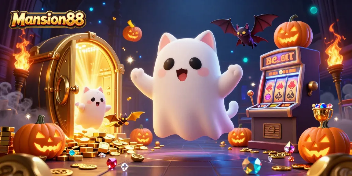 Experience thrilling gaming at Mansion88 with a floating ghost cat and treasures in a haunted casino.