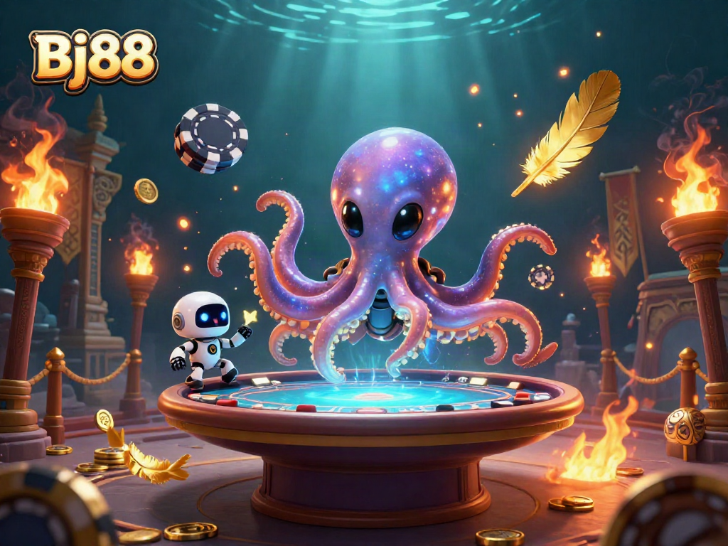 Experience high-stakes poker excitement with Bj88, featuring a unique alien octopus and robot.