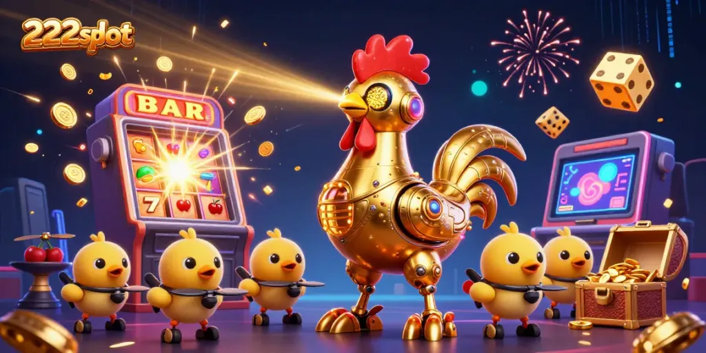 Gambarlah momen menang di 222slot dengan mesin slot dan robot ayam emas yang menarik perhatian.