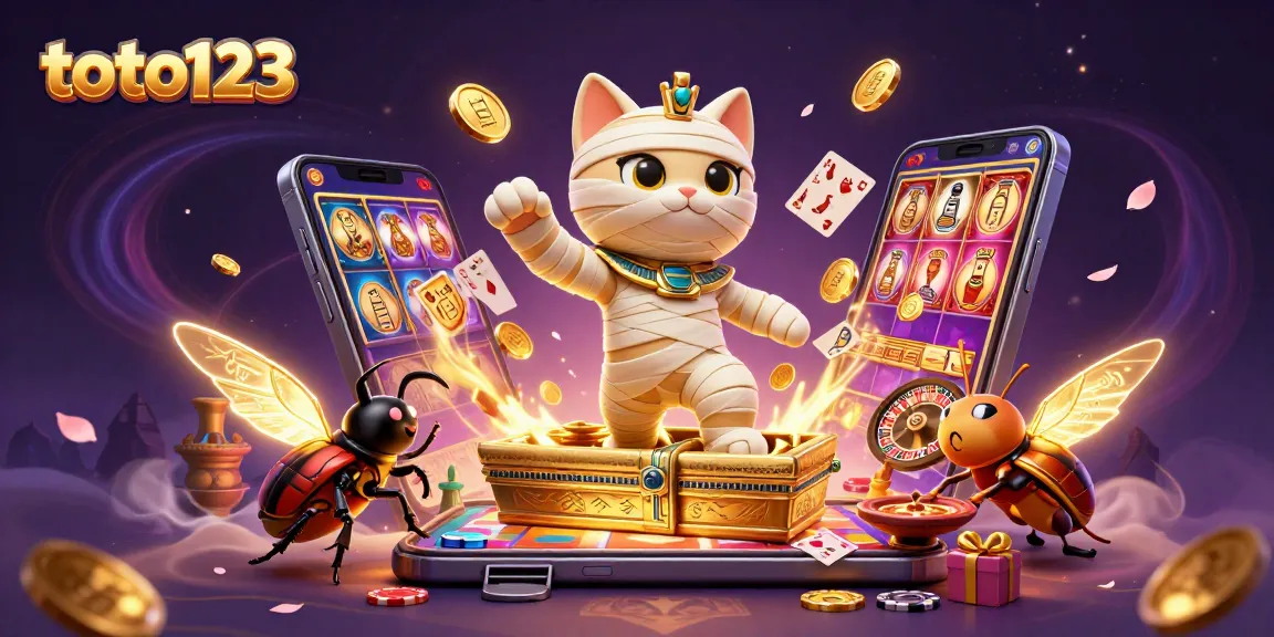 Toto123 players explore the vibrant pyramid casino with 3D mummy cat and scarab beetle, winning big!