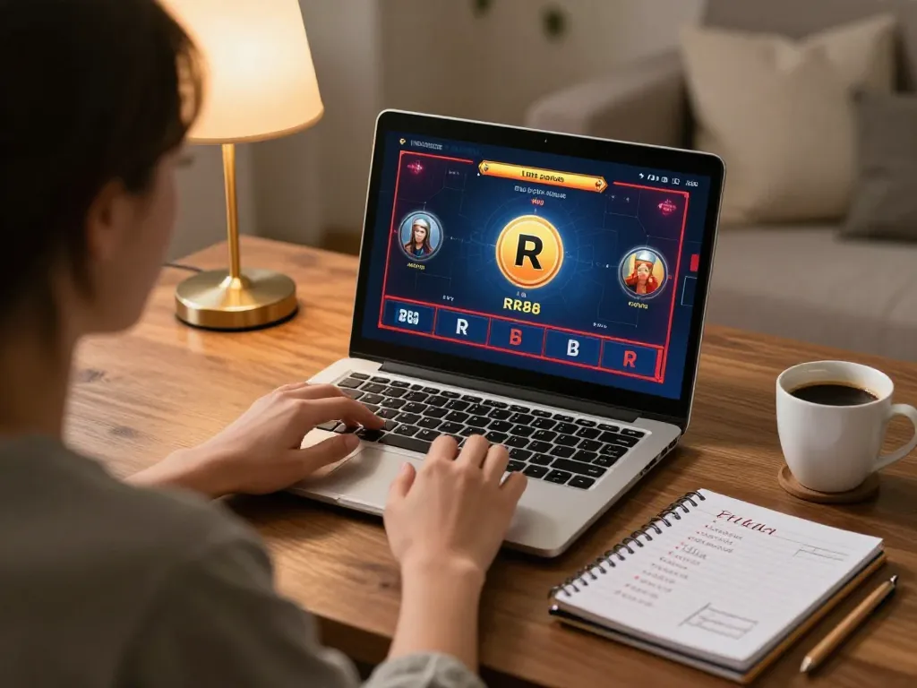 Player engaging with RR88 online casino, showcasing live dealer game interface and personal gaming setup.