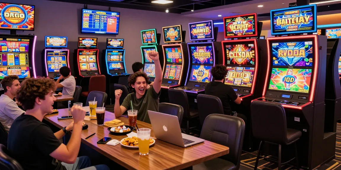 Situs slot gacor dengan pemain bahagia merayakan kemenangan di ruang permainan modern.