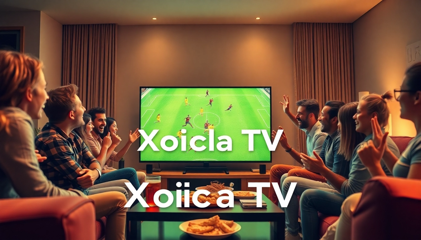 Xoilac TV football fans enjoying a live match in a cozy living room.
