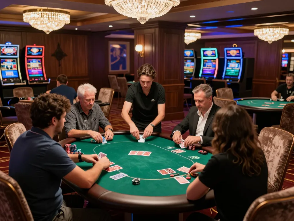 IDNSCORE RESMI poker game in full swing with players at green felt tables under luxurious lighting