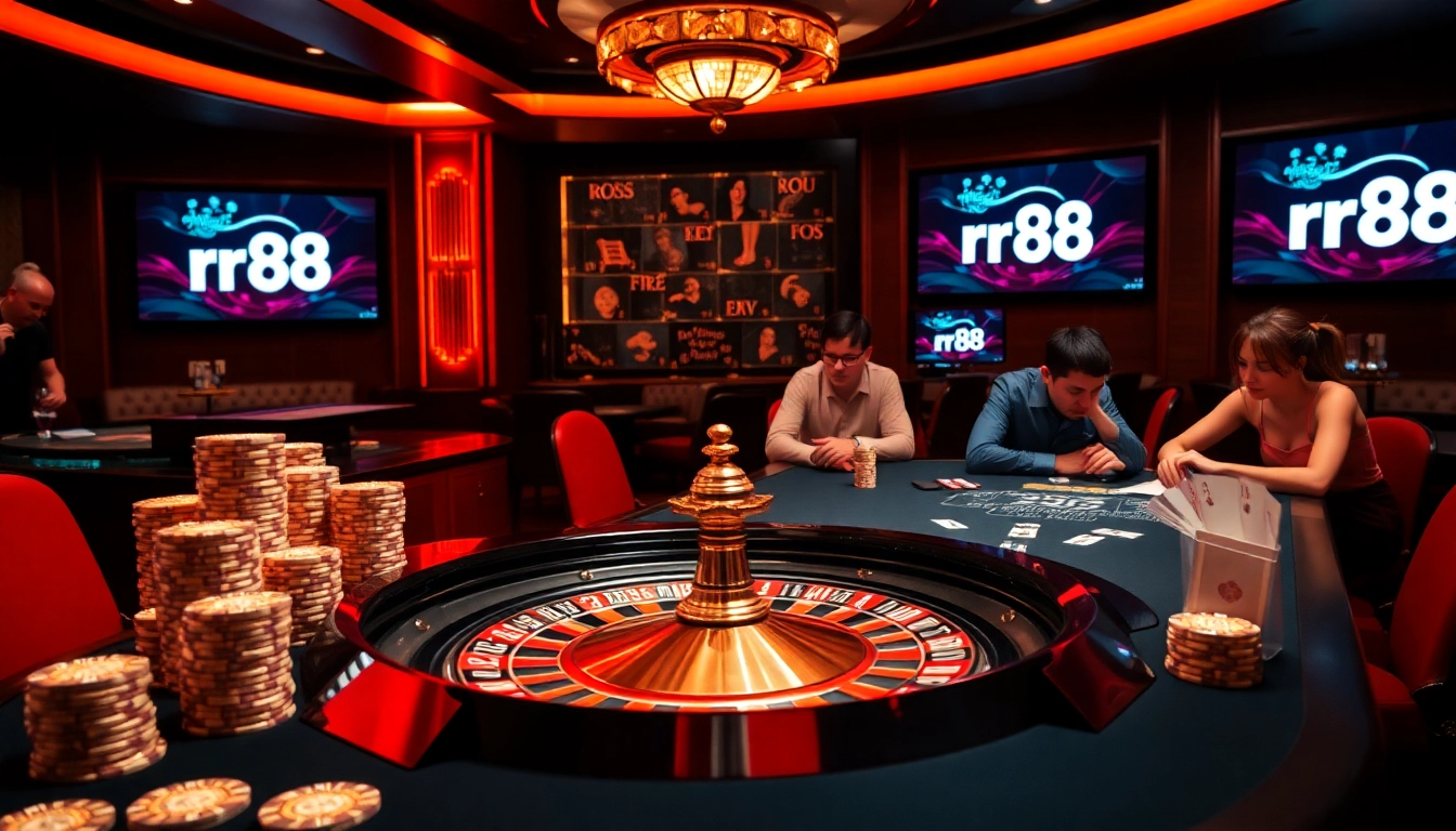 Experience exciting gameplay at rr88's luxurious casino tables filled with vibrant poker chips and cards.
