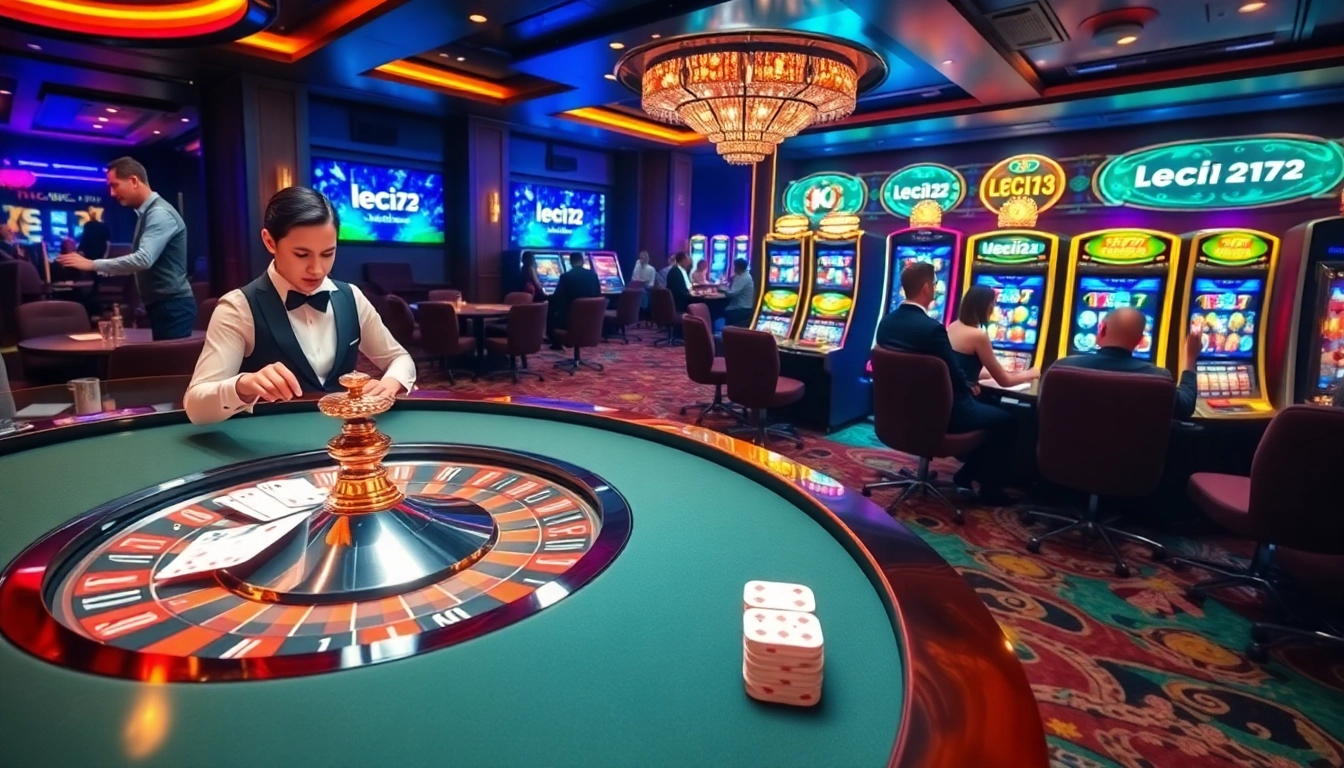 Engage with the thrilling world of leci123 at a luxurious casino, featuring roulette, cards, and vibrant slot machines.