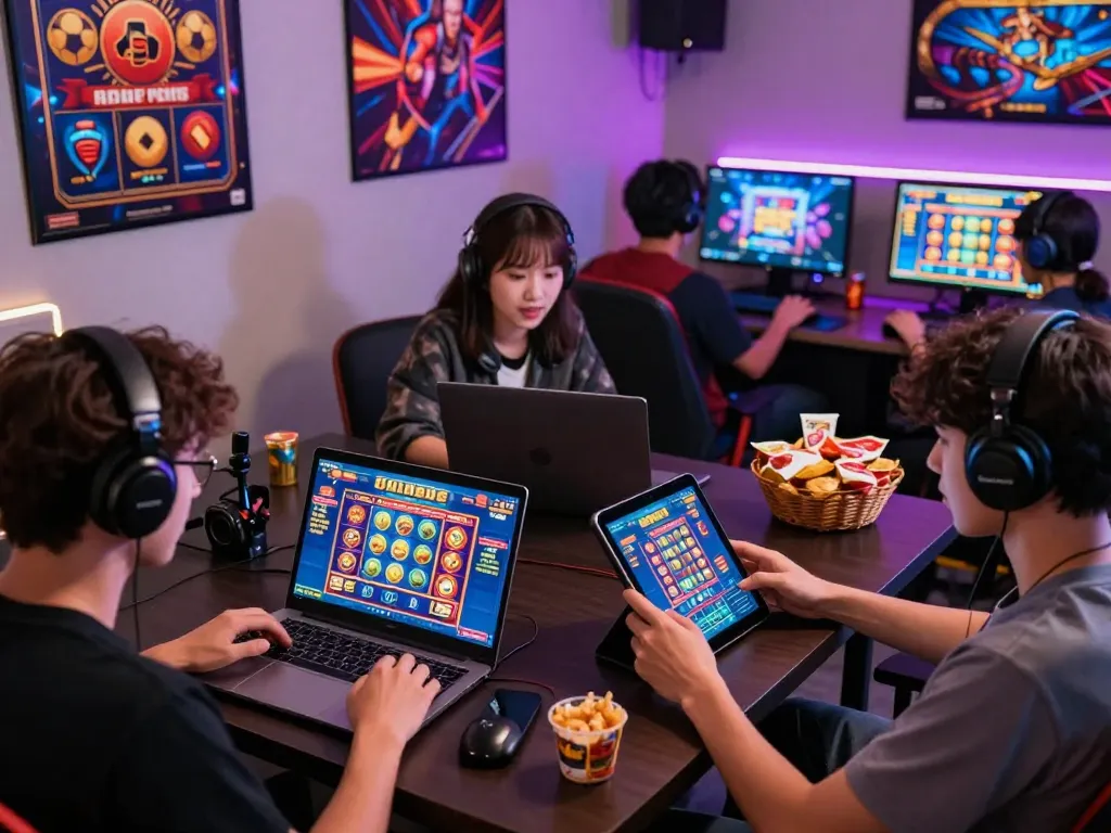 Pemain yang berinteraksi dengan platform situs slot gacor di berbagai perangkat, menunjukkan kegembiraan dan kebersamaan.
