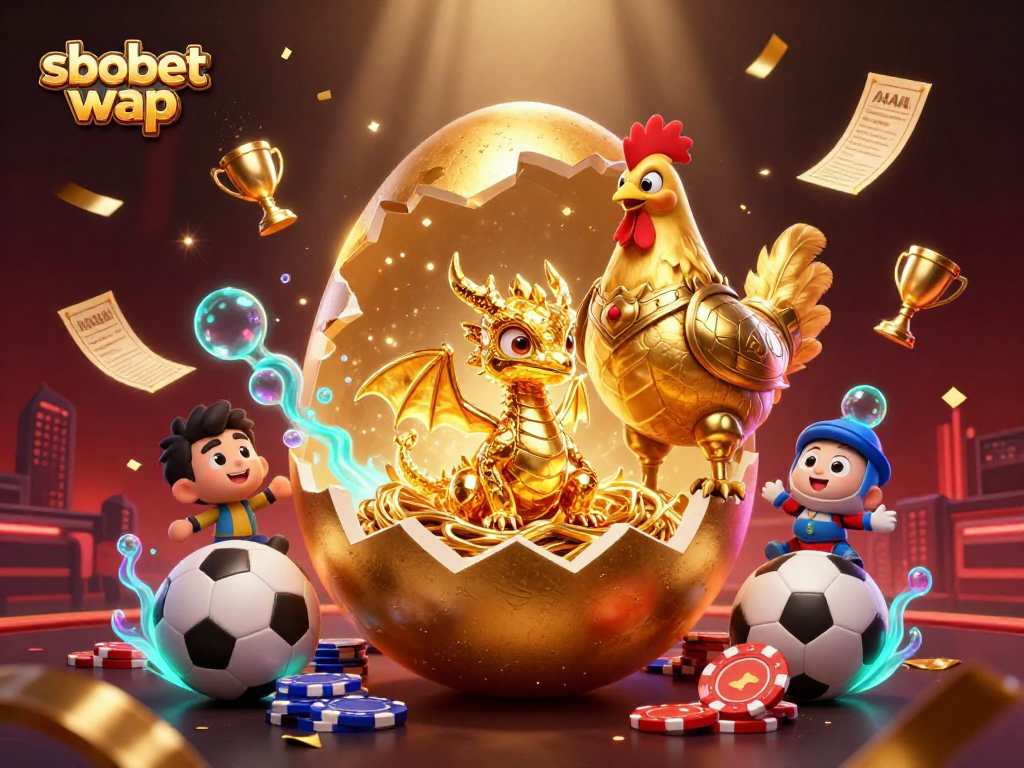 Bet on sbobet wap with exciting sports elements, showcasing a golden dragon and trophies in a vibrant scene.