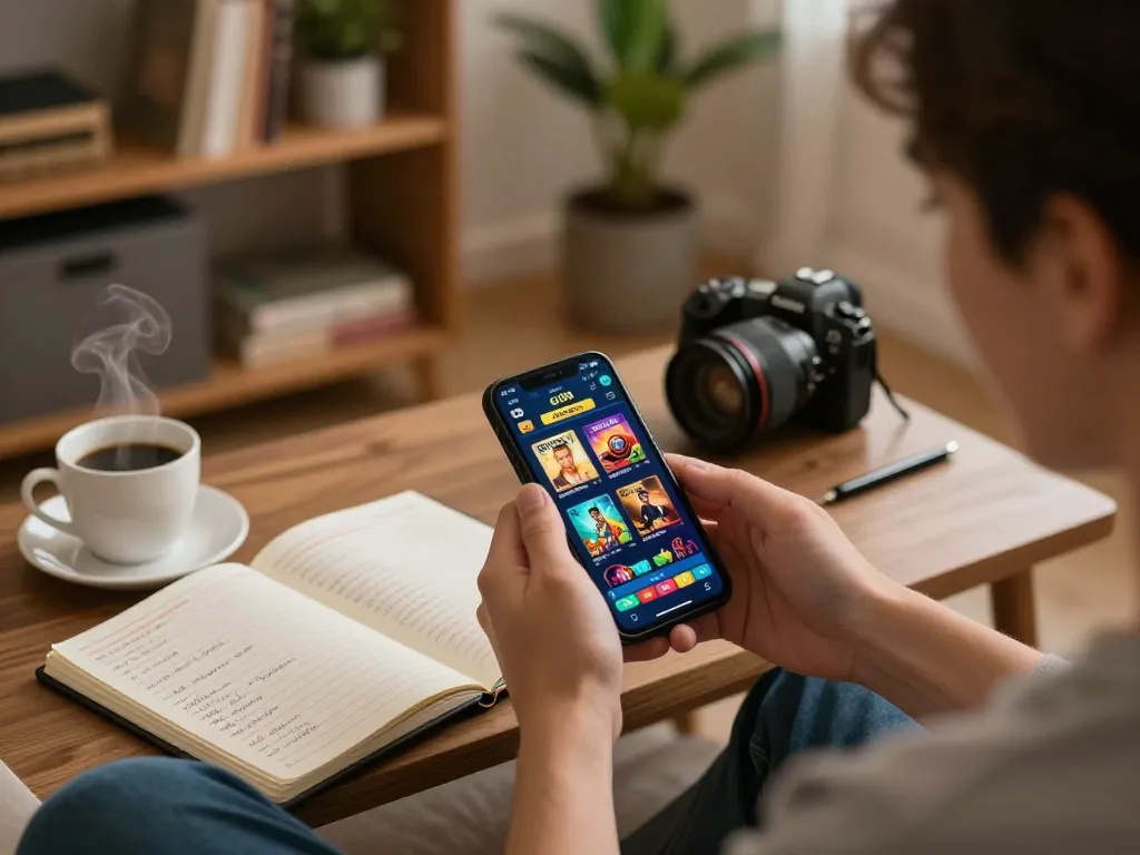 Player engaging with gi88 casino app on smartphone in a cozy home setting, showcasing online gaming action.