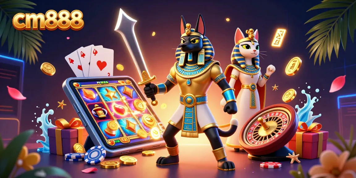 Experience the excitement of cm888 with Anubis and Bastet amidst vibrant slot game elements and glowing hieroglyphs.