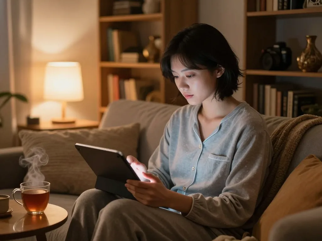 Engaging in ai sex chat with a personalized NSFW AI companion in a cozy home setting.