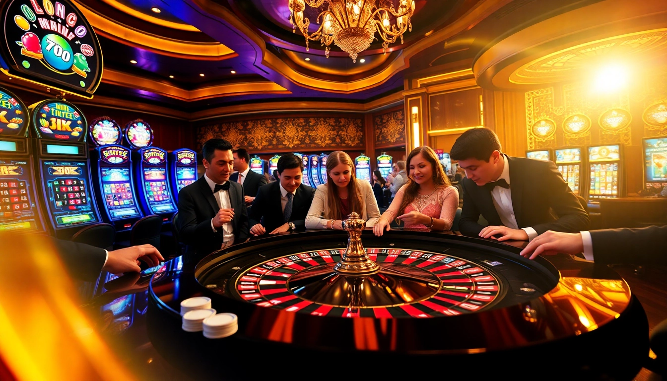 Lô Đề Trực Tuyến players engage at a vibrant roulette table in a luxurious casino atmosphere.