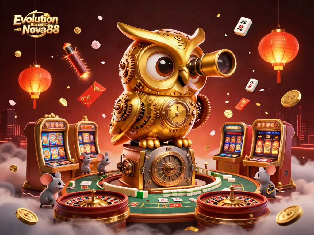 Engage with the vibrant Evolution live casino at Nova88 featuring a golden owl and dynamic game elements.