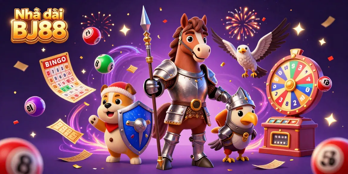 Engage in exciting games at Nhà cái BJ88, with colorful lottery elements and a festive atmosphere in this vibrant illustration.