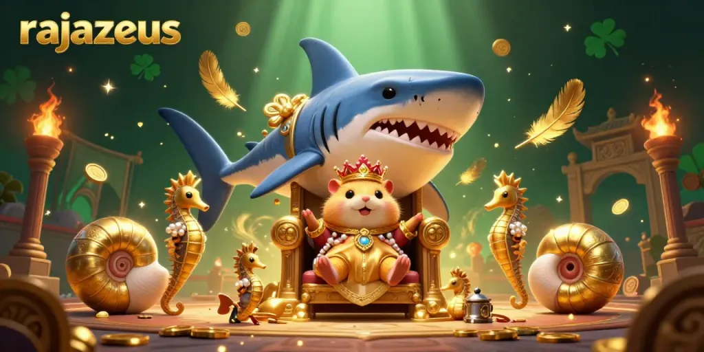 Menyaksikan slot gacor di rajazeus dengan raja hamster dan pelindung kuda laut, dikelilingi koin emas.