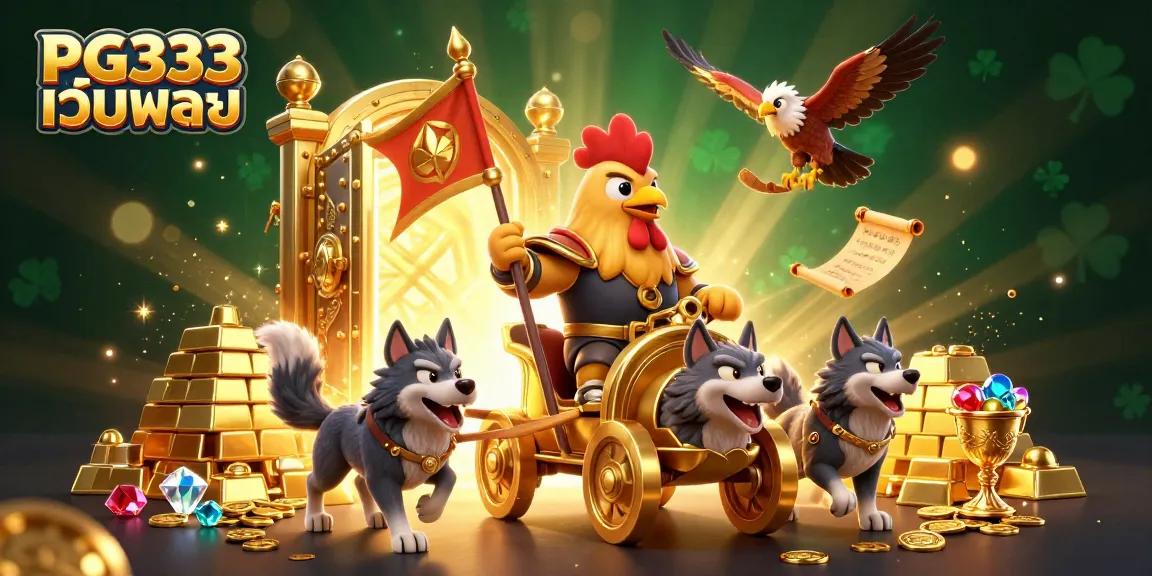 Win big with PG333 เว็บตรง: 3D illustration of a rooster warlord and treasure.