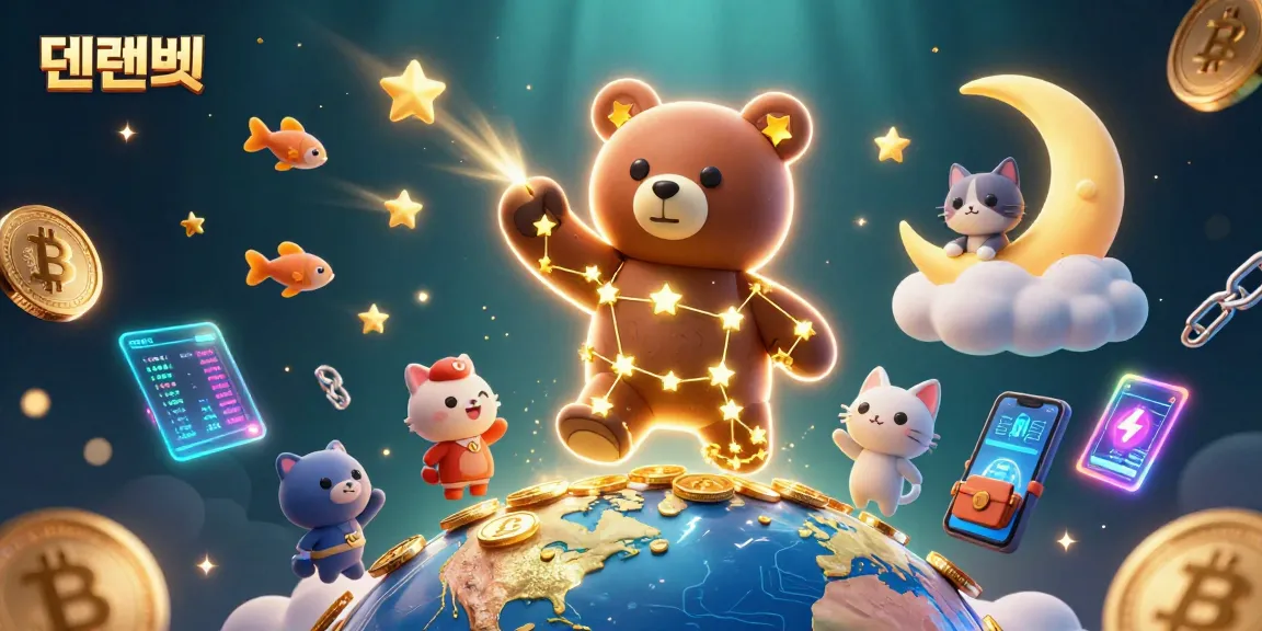 Engage in exciting gaming with 텐텐벳 as a constellation bear tosses coins surrounded by digital currencies in a captivating scene.