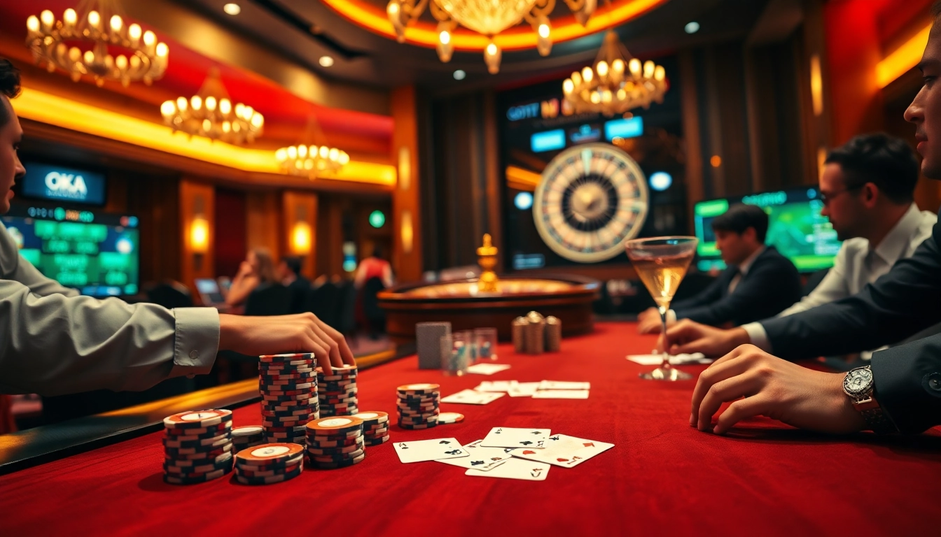 Playing poker at OKATM's luxurious casino table with vibrant energy and excitement.