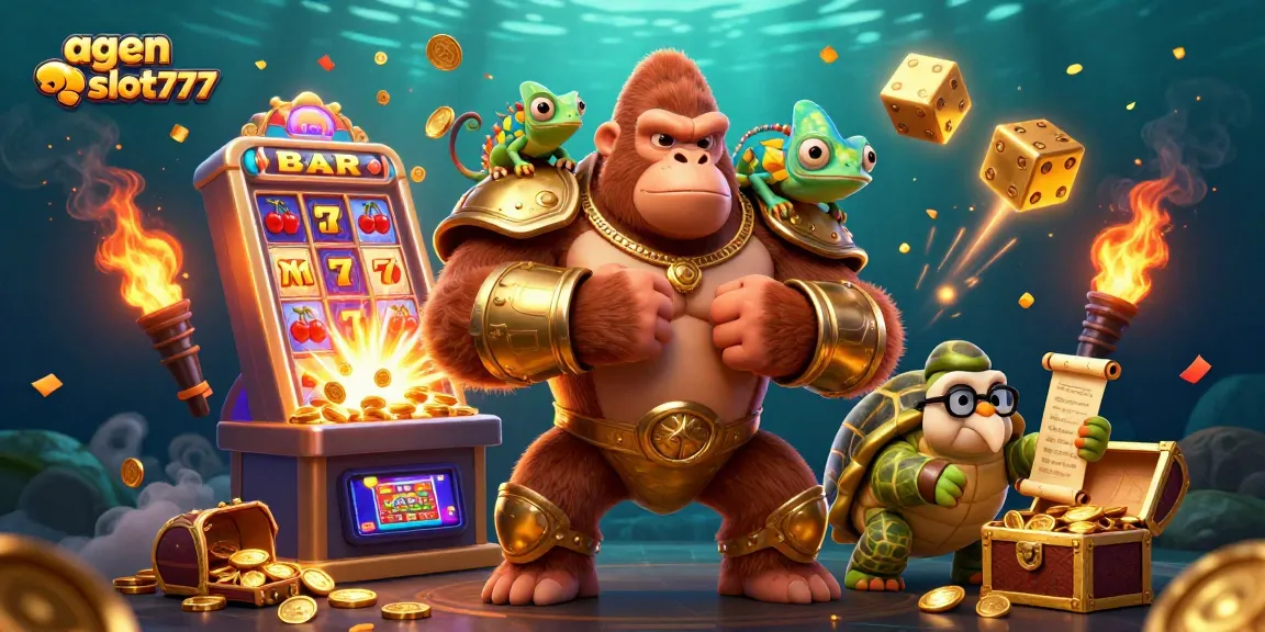 Experience the thrill of agen slot777 with vibrant slot symbols erupting around dynamic casino characters.