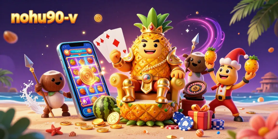 Nohu90-v showcases colorful slot game action with vibrant characters, celebrating online gaming excitement.