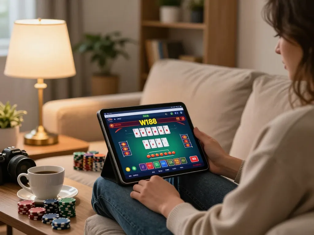 Play online poker on W188 platform from a cozy living room, enhancing gaming experience.