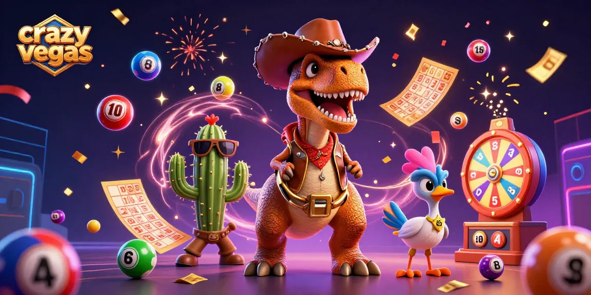 Experience thrilling gameplay at crazyvegas with animated lottery balls, bingo cards, and a fun dinosaur.