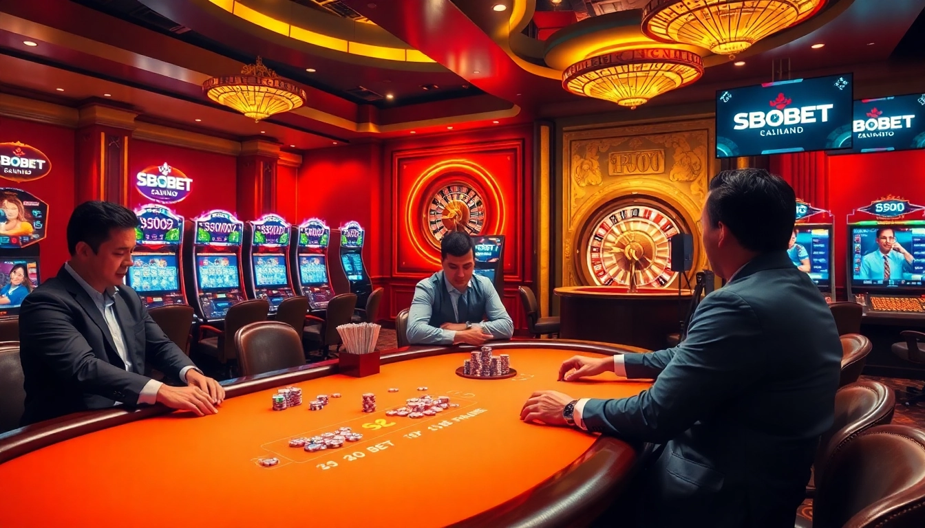 SBOBET players enjoy a thrilling poker game in a luxurious casino setting with vibrant slot machines.