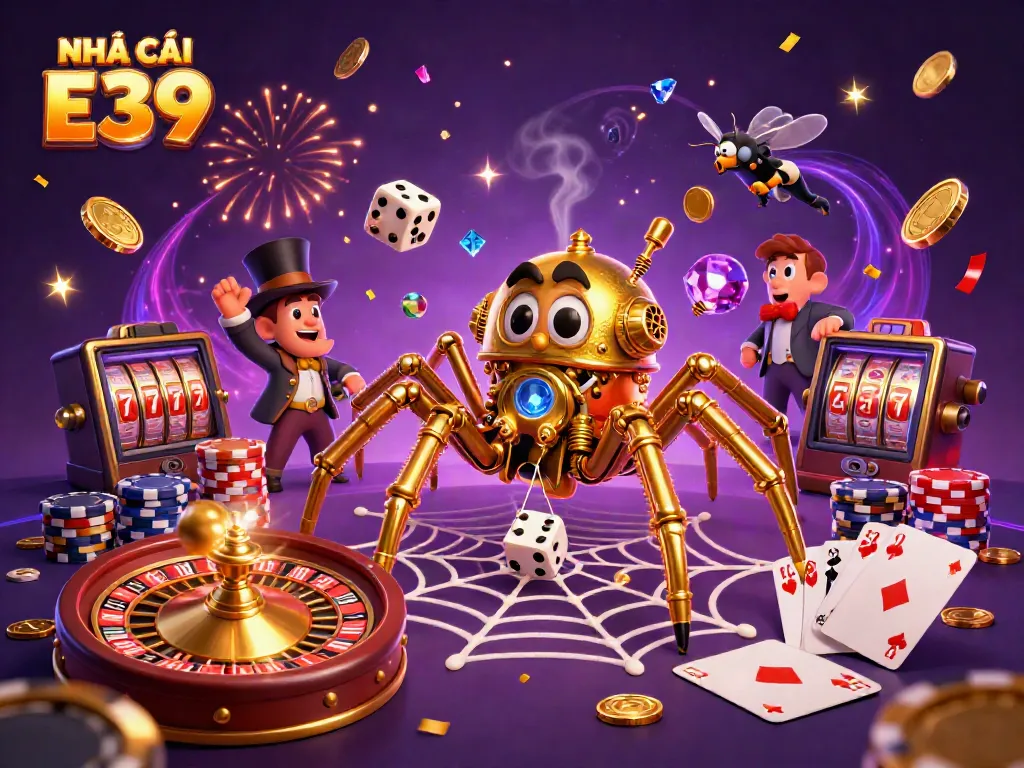 NHÀ CÁI E39 features a whimsical scene of a steampunk spider catching dice with golden chains and poker chips.
