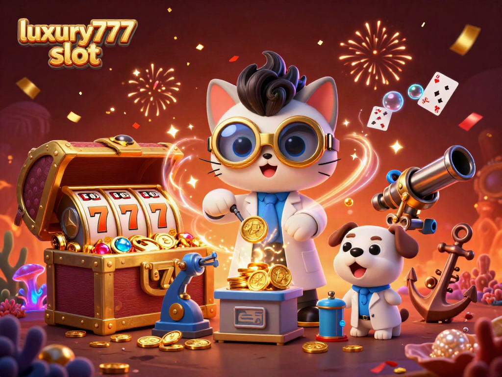 Bermain mesin slot luxury777 slot dengan karakter kucing ilmuwan gila dan anjing pelayan di lab.