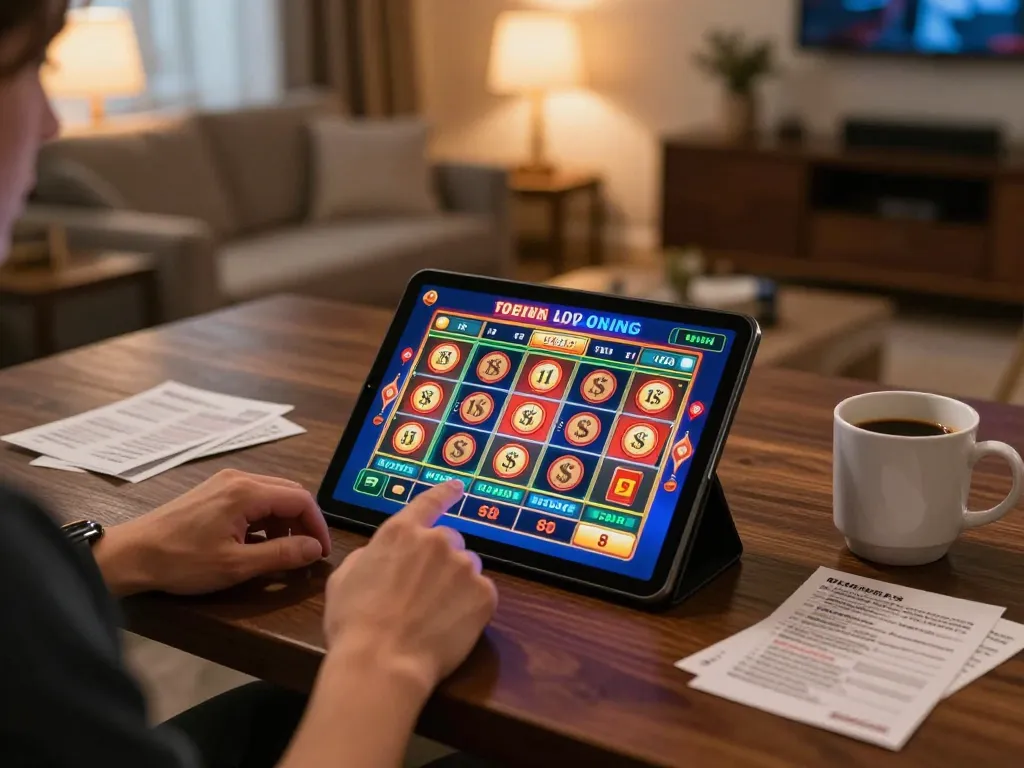 RR88 player engaged in online slot gaming on a tablet in a cozy home setting with betting notes.